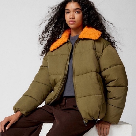 Urban Outfitters Duckie Olive Green Jacket Orange Faux Fur Shearling Collar (M) - Picture 1 of 13